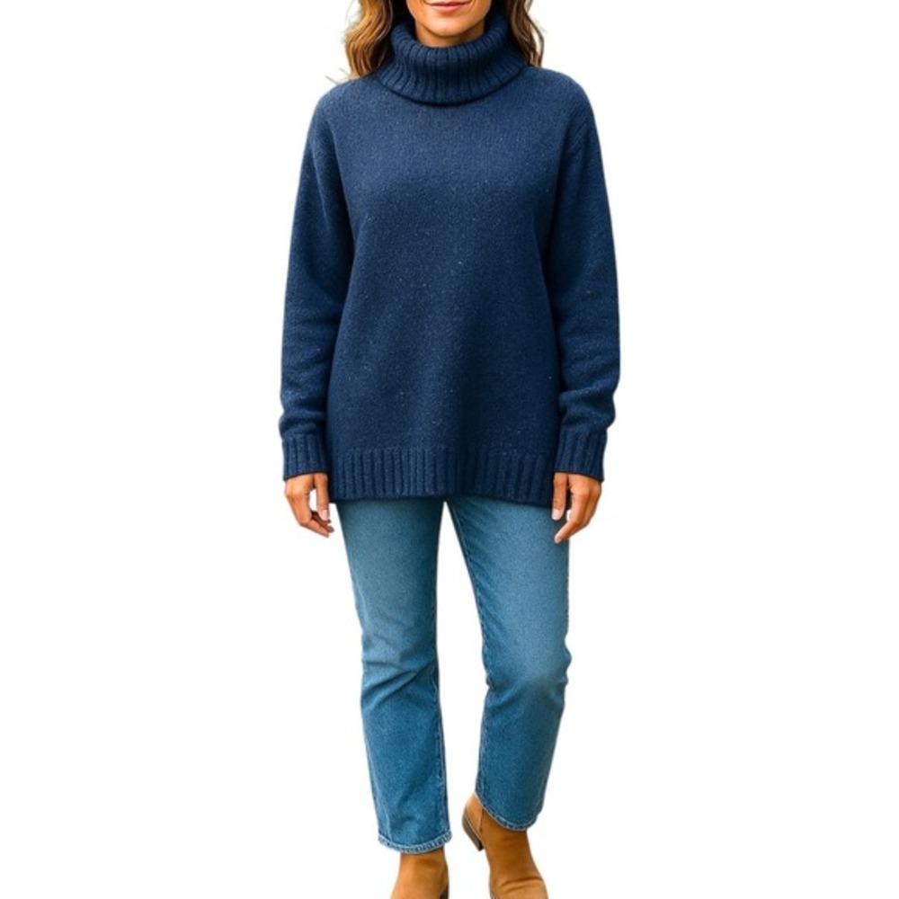 L.L. Bean Signature Preppy Cabin‎ Blue Knit Turtleneck Sweater Splatter Print  L